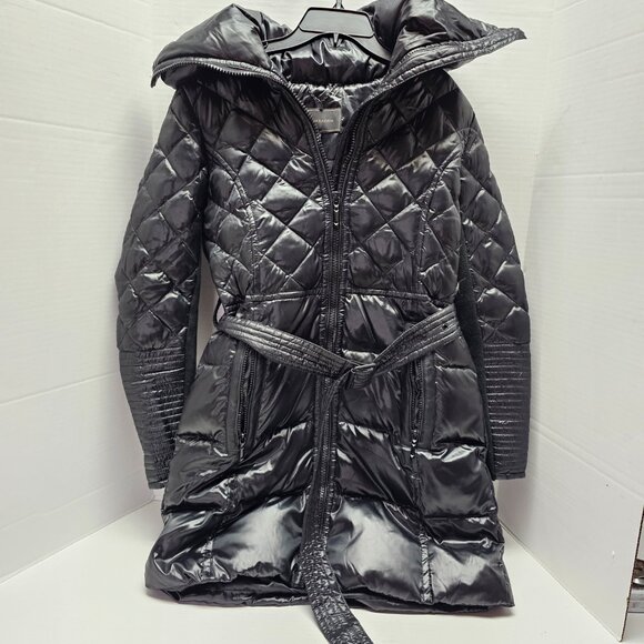 Puffer Quilt Black Womens BCBG Maxazria Womens Jacket Coat Belt Full Zip Long S - Picture 3 of 15